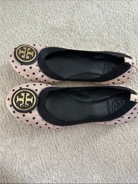 Tory Burch Blush Pink and Black Polka Dot Logo Ballet Flats